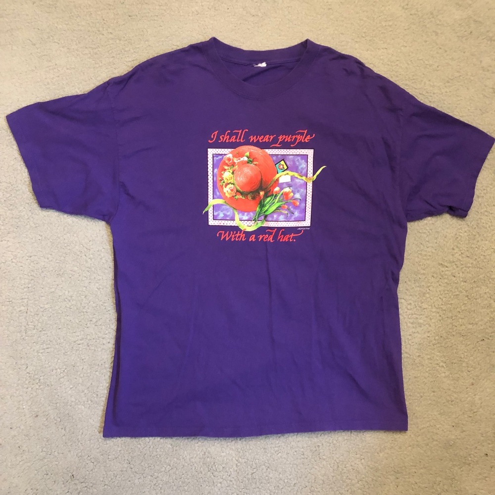 90s Vtg I Shall Wear Purple Red Hat Society T-Shirt XL Single Stitch Art Tee